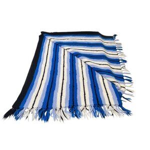 Afghan Handmade Crocheted Throw Blanket Striped Diamond Blue/White/Black 56"Lx48
